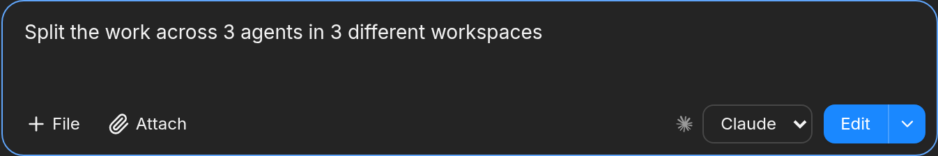 Agent prompt: Split the work across 3 agents in 3 different workspaces